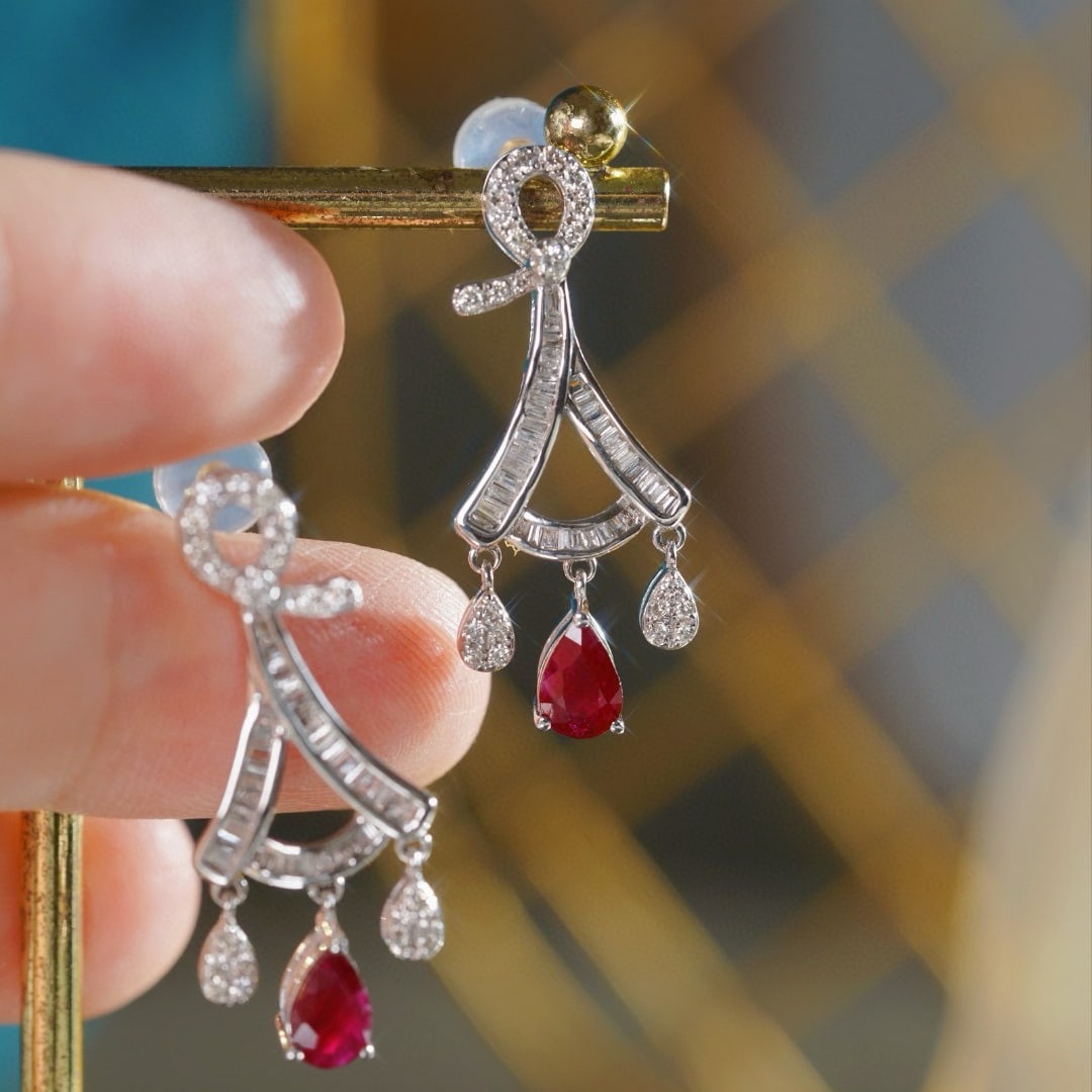 14k Gold 1.60 Ctw Vivid Red Natural Ruby & Diamond Earrings - 5