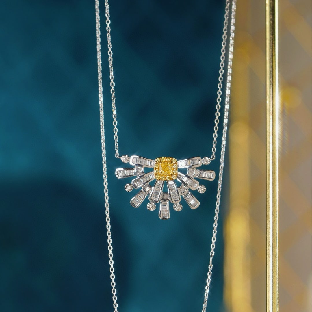 14k Gold 0.73 Ctw Natural Yellow Diamond & Diamond Necklace: Ref:230946120 // gold content:14k gold // main gemstone:yellow diamond // shape:cushion // carat weight:0. 21ct // color:yellow // treatment:natural // // adjacent gemstone 2 : diamond //