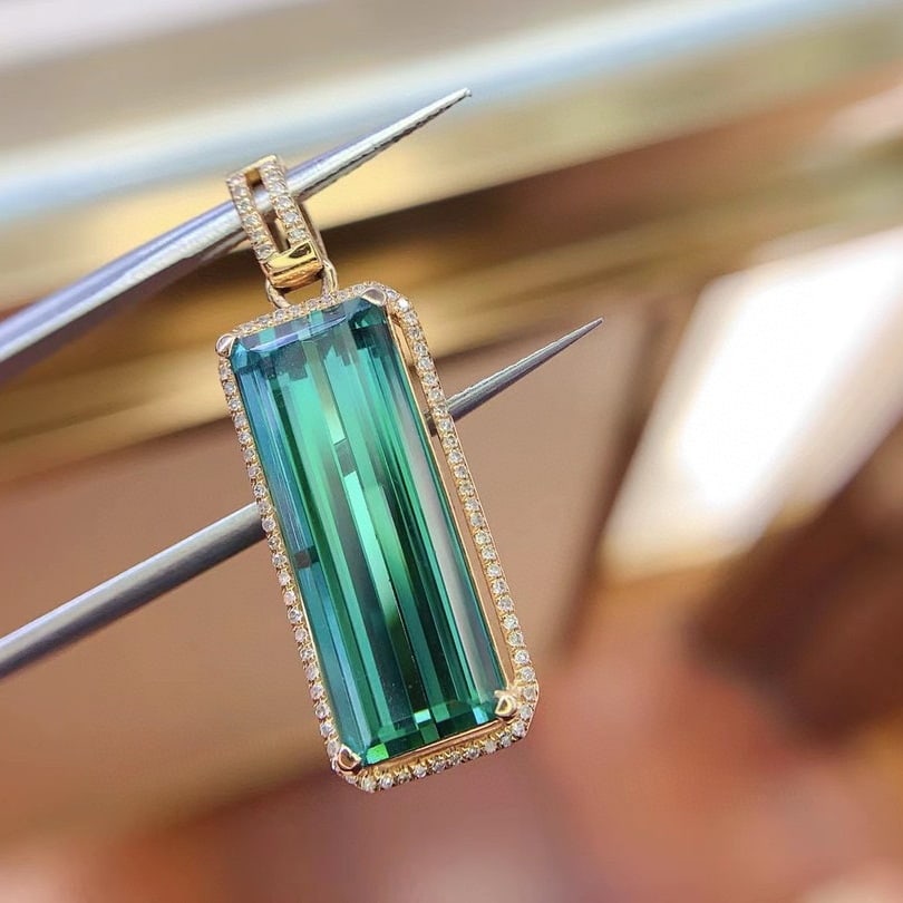 14k Gold 11.16 Ct Natural Tourmaline & Diamond Pendant( Without Chain ) - 4