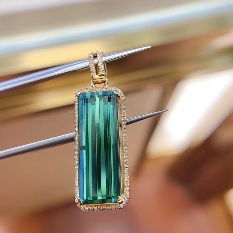 14k Gold 11.16 Ct Natural Tourmaline & Diamond Pendant( Without Chain ) - 5