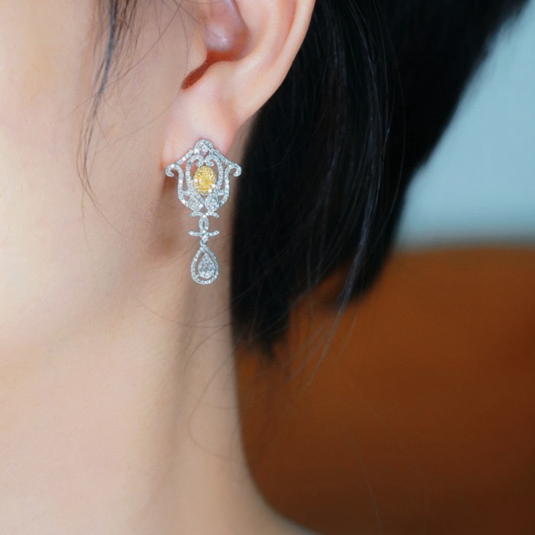 14k Gold 1.30 Ctw Natural Yellow Diamond & Diamond Earrings - 4