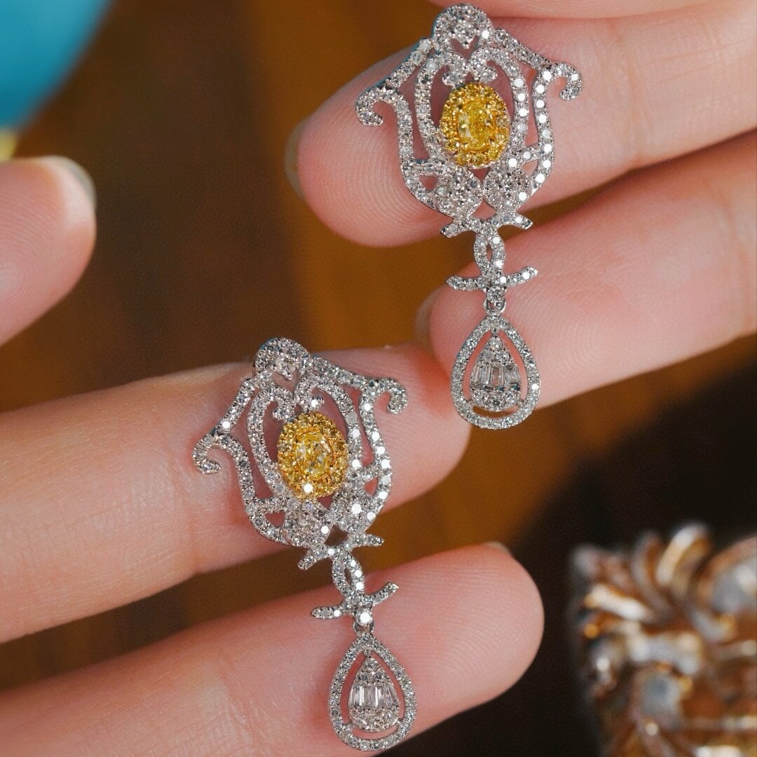 14k Gold 1.30 Ctw Natural Yellow Diamond & Diamond Earrings - 7