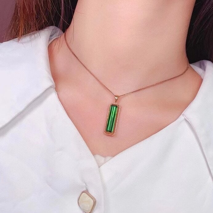 14k Gold 8.88 Ct Natural Tourmaline & Diamond Pendant( Without Chain ) - 3