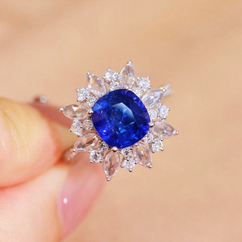 14k Gold 3.15 Ctw Natural Sapphire & Diamond Ring: Ref:230946172 // gold content:14k gold // ring size:7. 25us // // main gemstone:sapphire // shape:cushion // carat weight:2. 38ct // color:royal blue // treatment:natural // // adjacent gemstone 2 : d