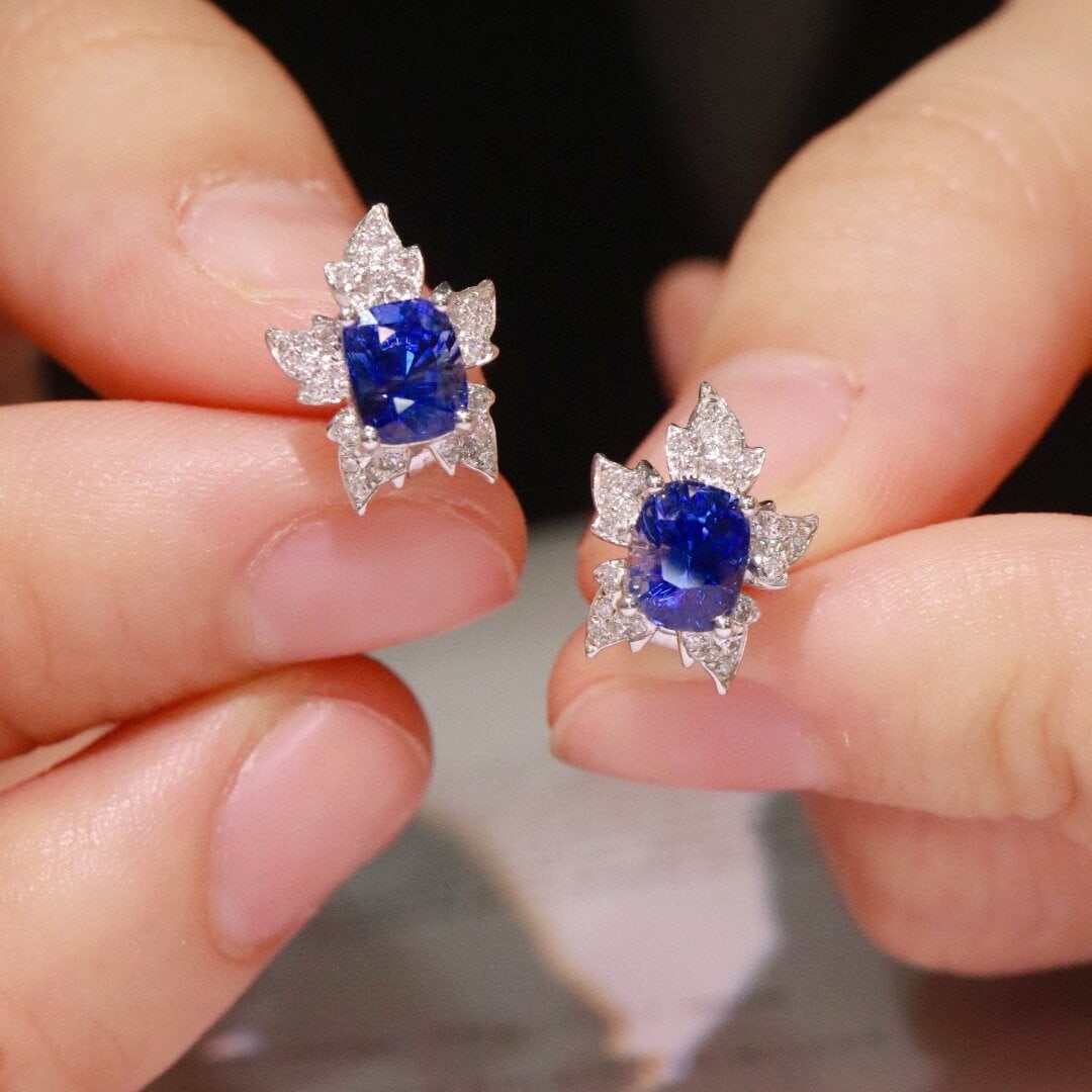 14k Gold 2.1 Ctw Vivid Blue Natural Sapphire & Diamond Earrings: Ref:230946190 // gold content:14k gold // main gemstone:sapphire // shape:cushion // carat weight:2ct // color:vivid blue // treatment:natural // // adjacent gemstone 2 : diamond // shape:round // car