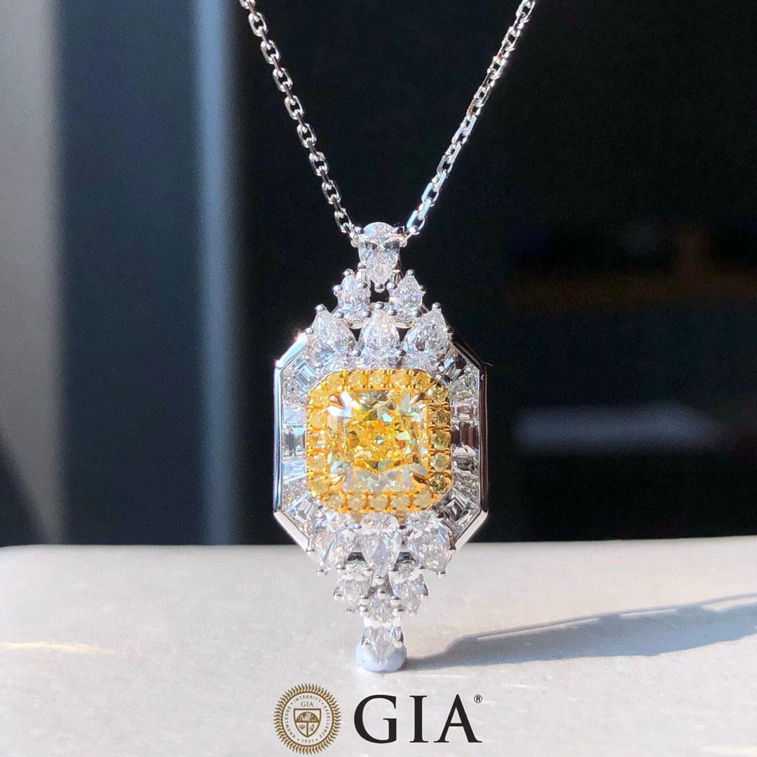 Gia Certified 14k Gold 2.62 Ctw Natural Yellow Diamond & Diamond Pendant( Without Chain ) - 2