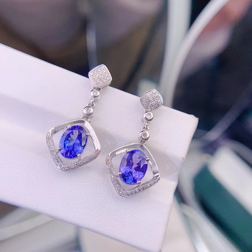 14k Gold 3.5 Ct Natural Tanzanite & Diamond Earrings - 2