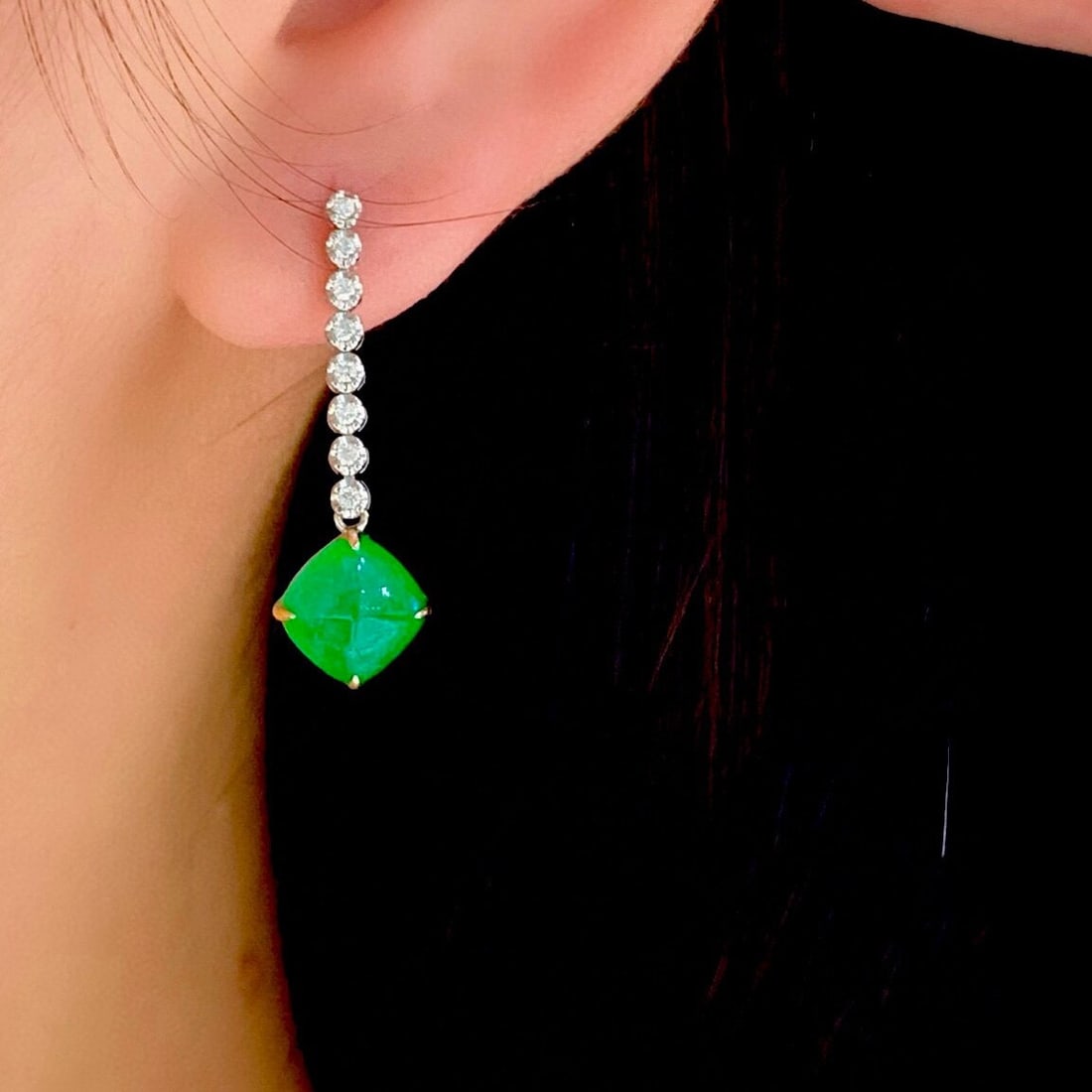 14k Gold 4.1 Ct Vivid Green Natural Emerald & Diamond Earrings - 3