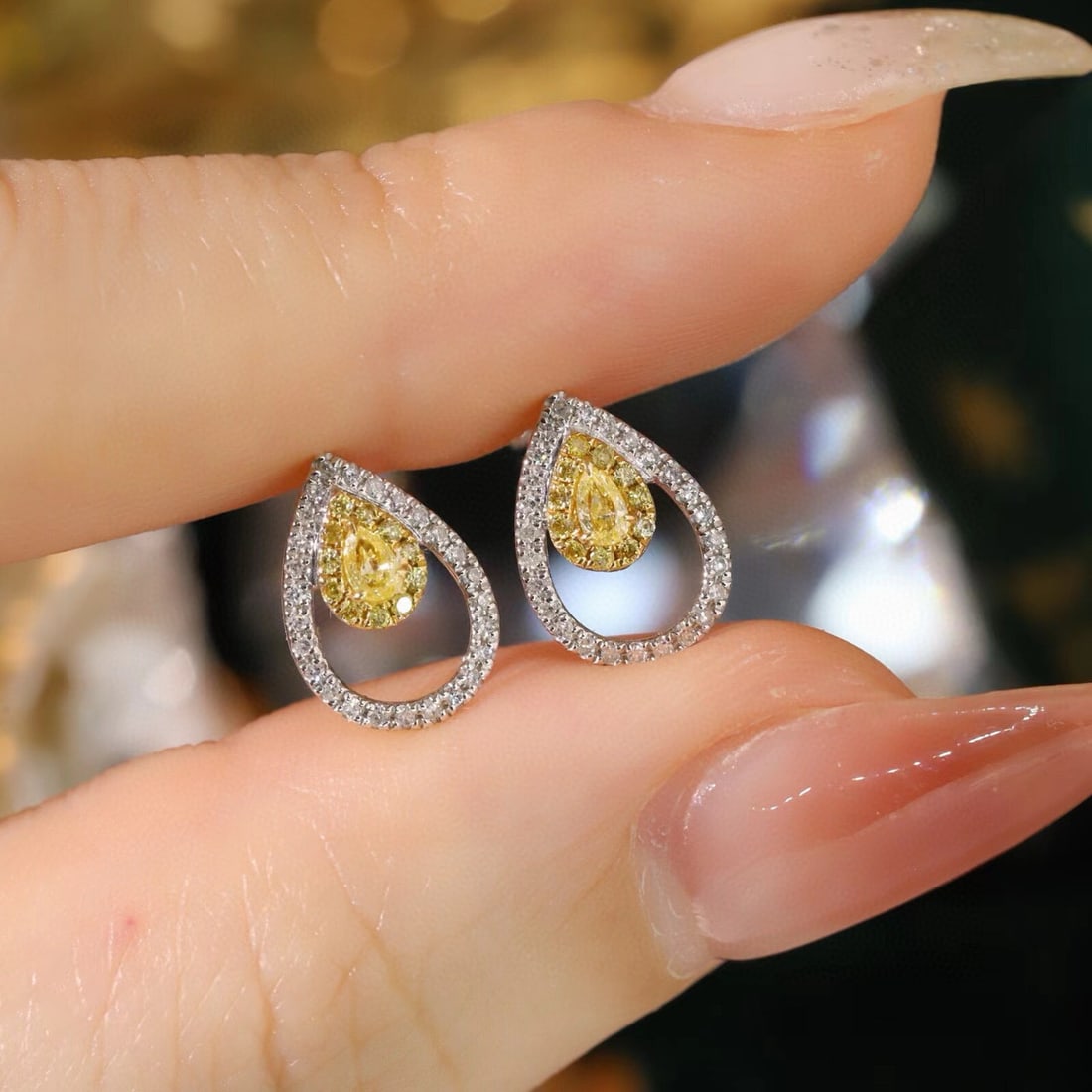 14k Gold 0.40 Ctw Natural Yellow Diamond & Diamond Earrings - 5