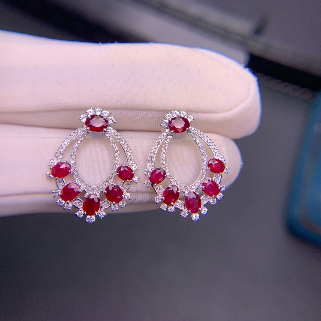 14k Gold 2.91 Ct Natural Ruby & Diamond & Sapphire Earrings - 2
