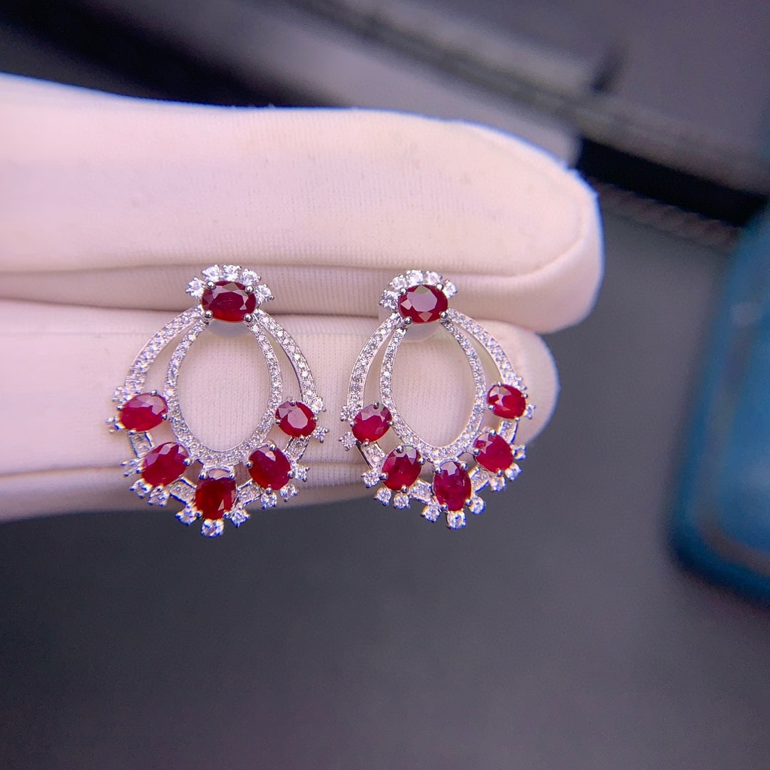 14k Gold 2.91 Ct Natural Ruby & Diamond & Sapphire Earrings - 3