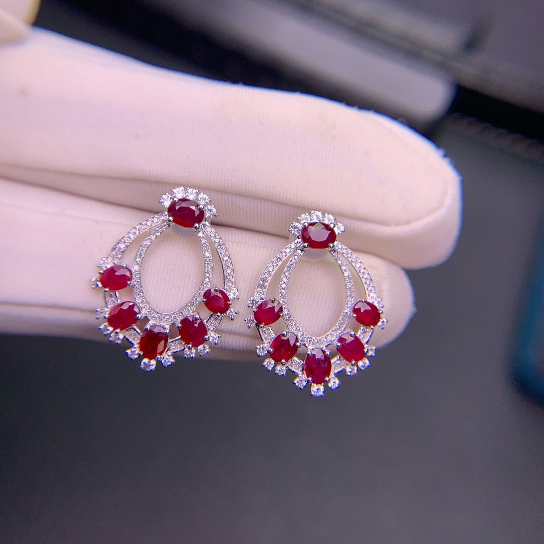 14k Gold 2.91 Ct Natural Ruby & Diamond & Sapphire Earrings - 7