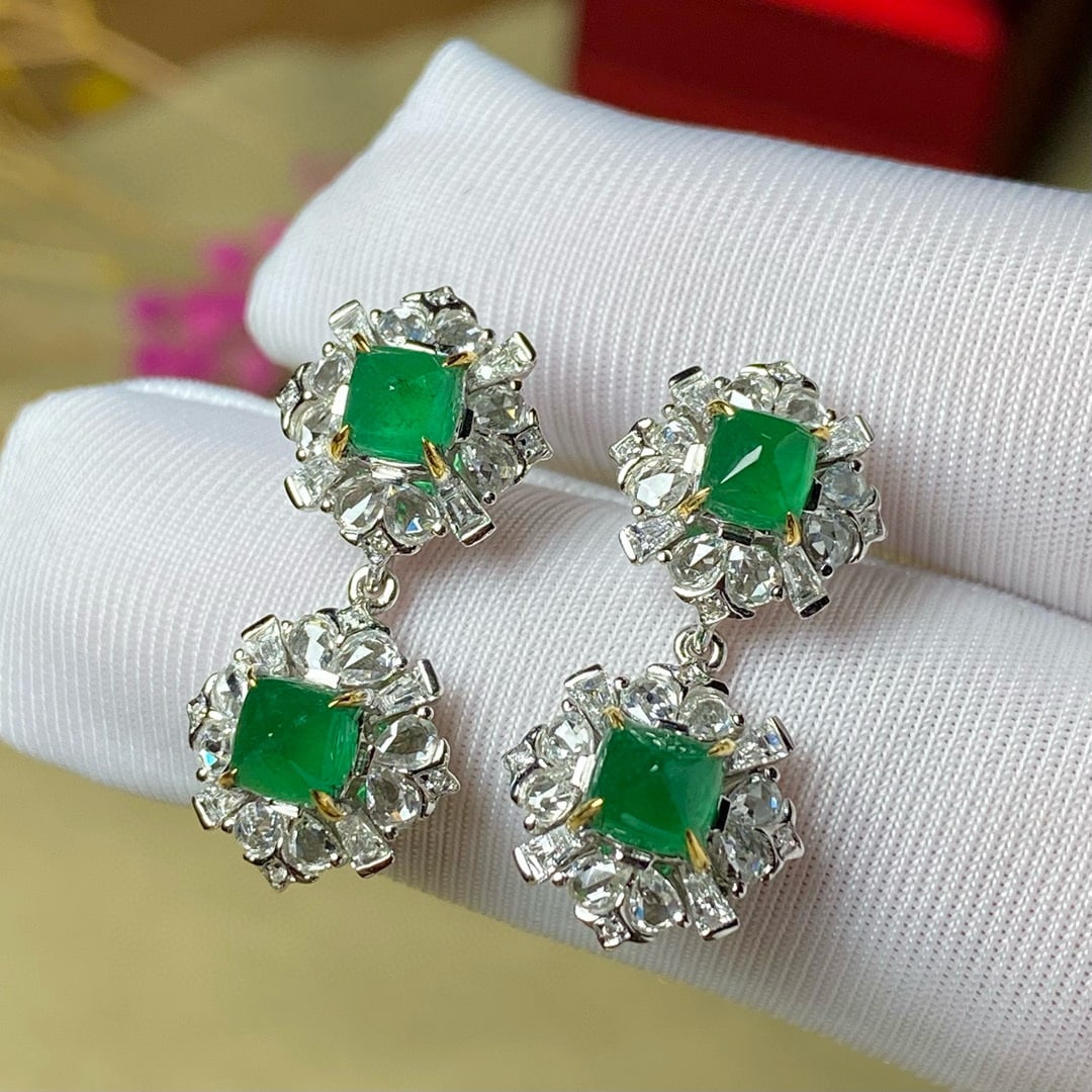 14k Gold 4.36 Ctw Vivid Green Natural Emerald & Diamond Earrings - 2