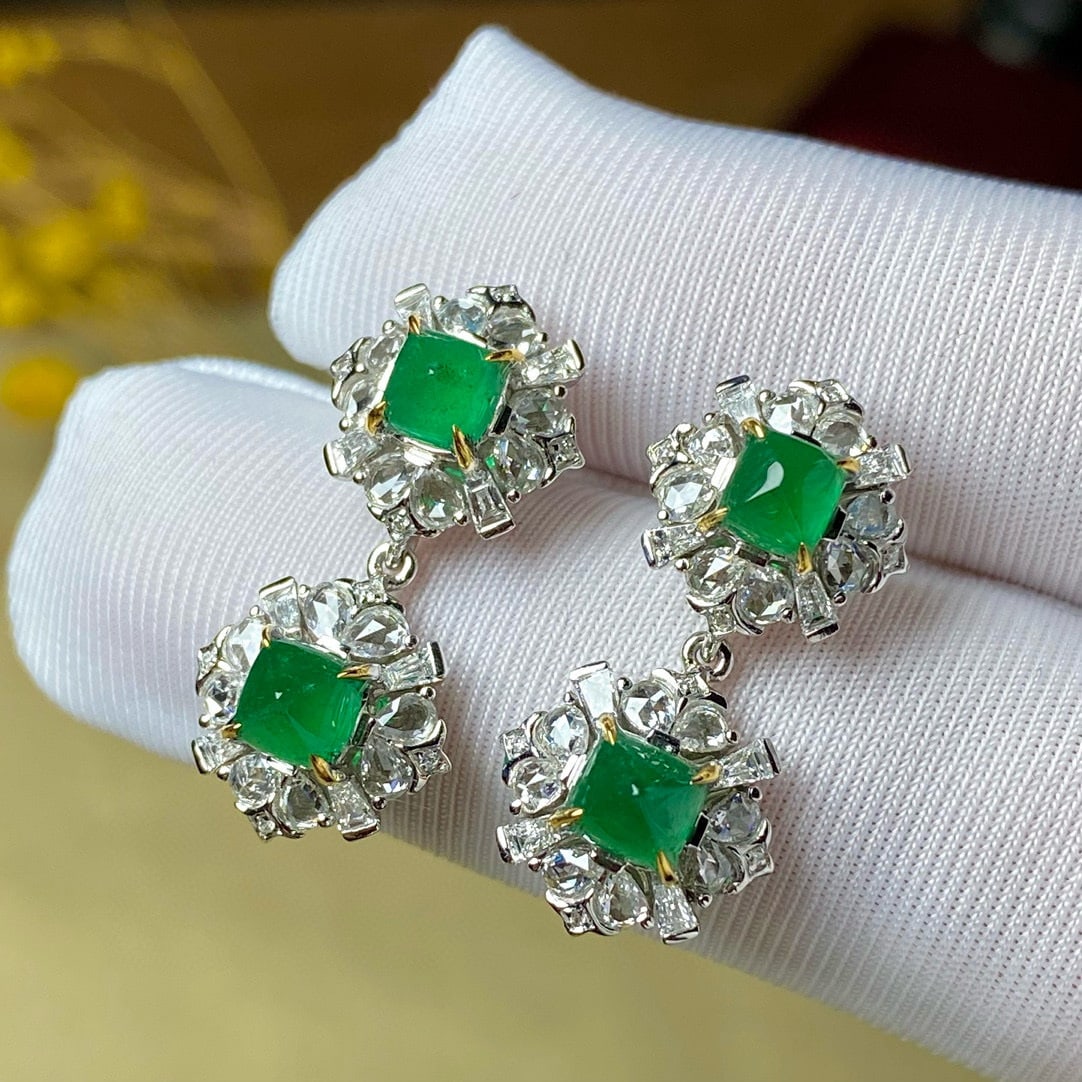 14k Gold 4.36 Ctw Vivid Green Natural Emerald & Diamond Earrings - 3