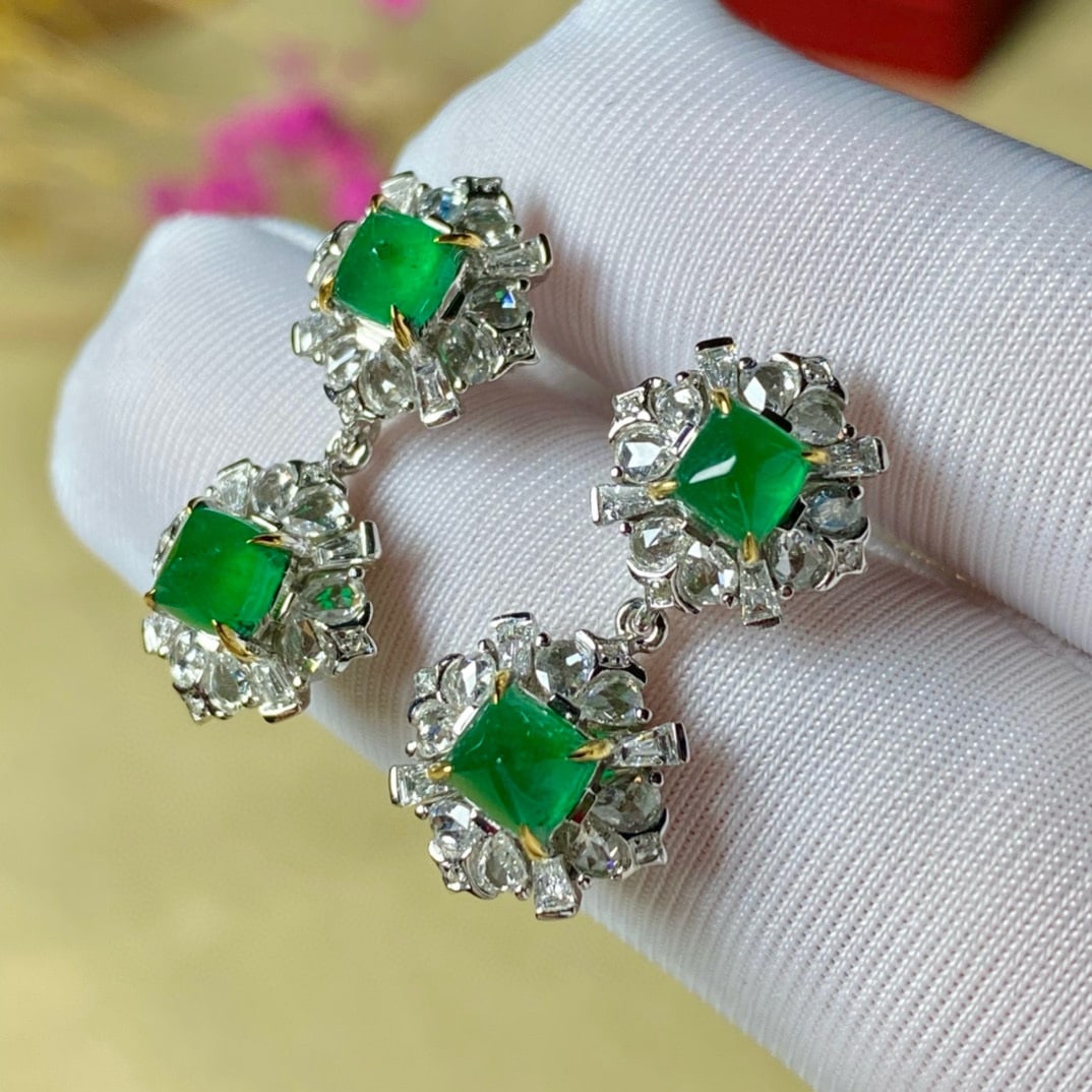 14k Gold 4.36 Ctw Vivid Green Natural Emerald & Diamond Earrings - 5