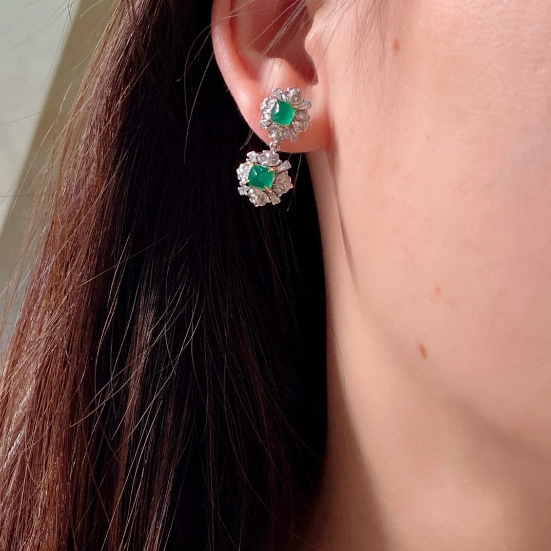 14k Gold 4.36 Ctw Vivid Green Natural Emerald & Diamond Earrings - 7