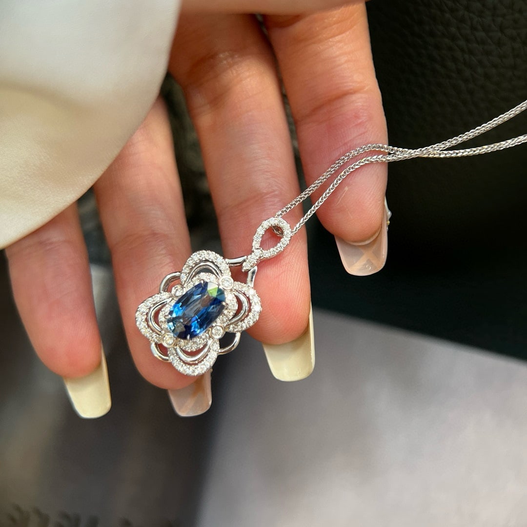 14k Gold 2.40 Ctw Natural Sapphire & Diamond Pendant( Without Chain ) - 4