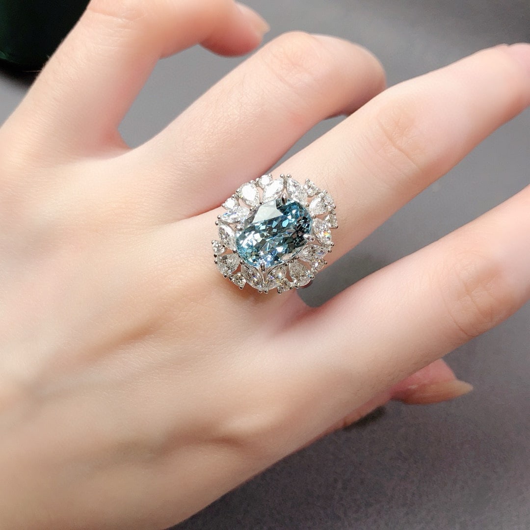 14k Gold 6.57 Ctw Natural Aquamarine & Lab Grown Diamond Ring - 7