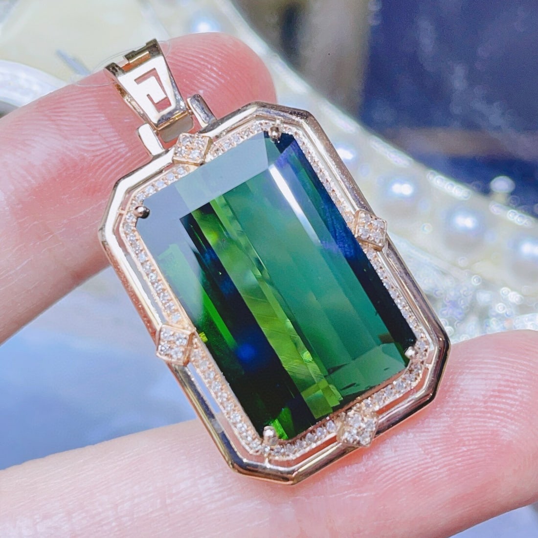 14k Gold 17.5 Ct Natural Tourmaline & Diamond Pendant( Without Chain ) - 2