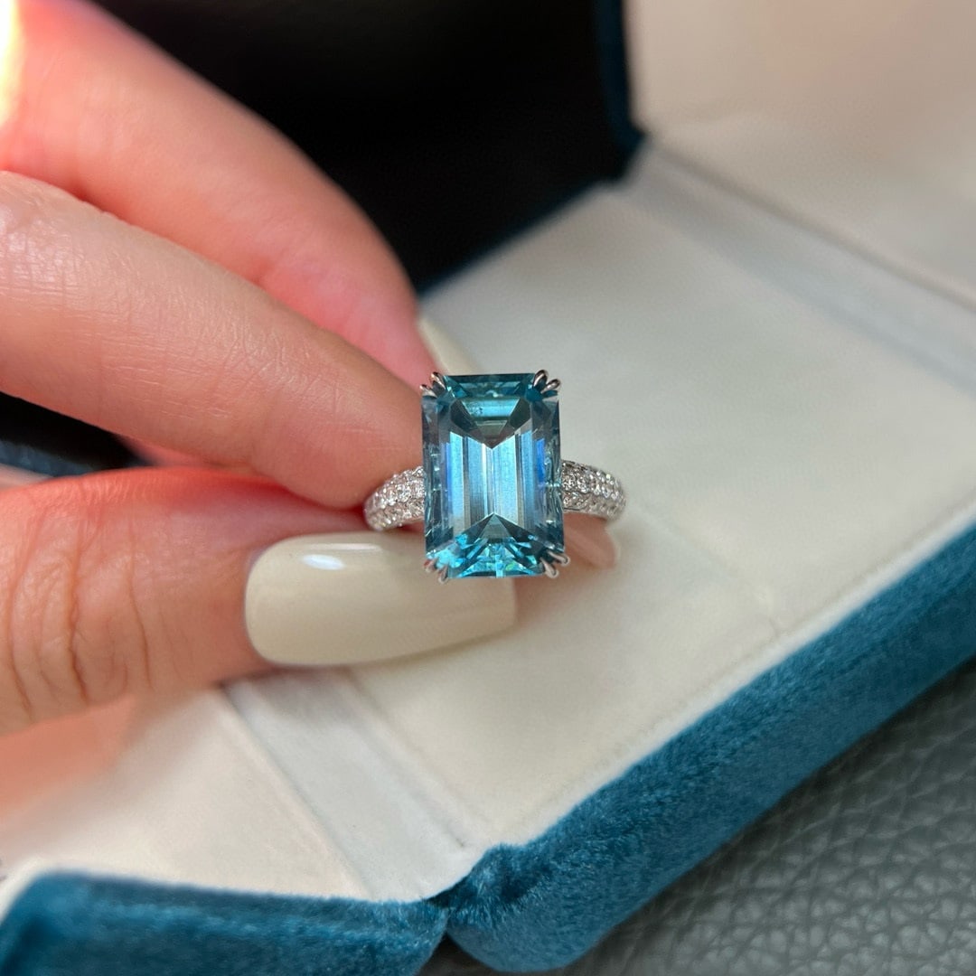 14k Gold 7.45 Ctw Natural Aquamarine & Lab Grown Diamond Ring - 4