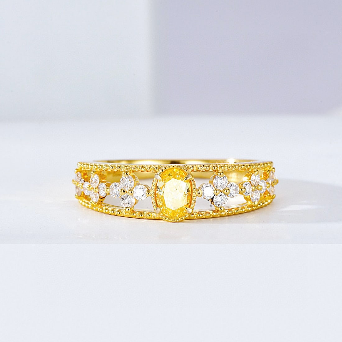 14k Gold 0.65 Ctw Natural Yellow Diamond & Diamond Ring: Ref:230946283 // gold content:14k gold // ring size:7. 25us // // main gemstone:yellow diamond // shape:oval // carat weight:0. 33ct // color:yellow // treatment:natural // // adjacent gemstone 2