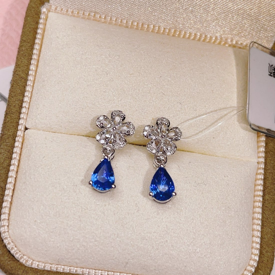 14k Gold 1.3 Ct Natural Sapphire & Diamond & Sapphire Earrings - 3