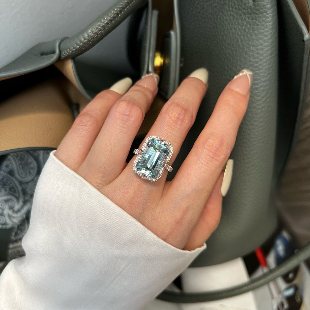 14k Gold 8.83 Ctw Natural Aquamarine & Lab Grown Diamond Ring - 3