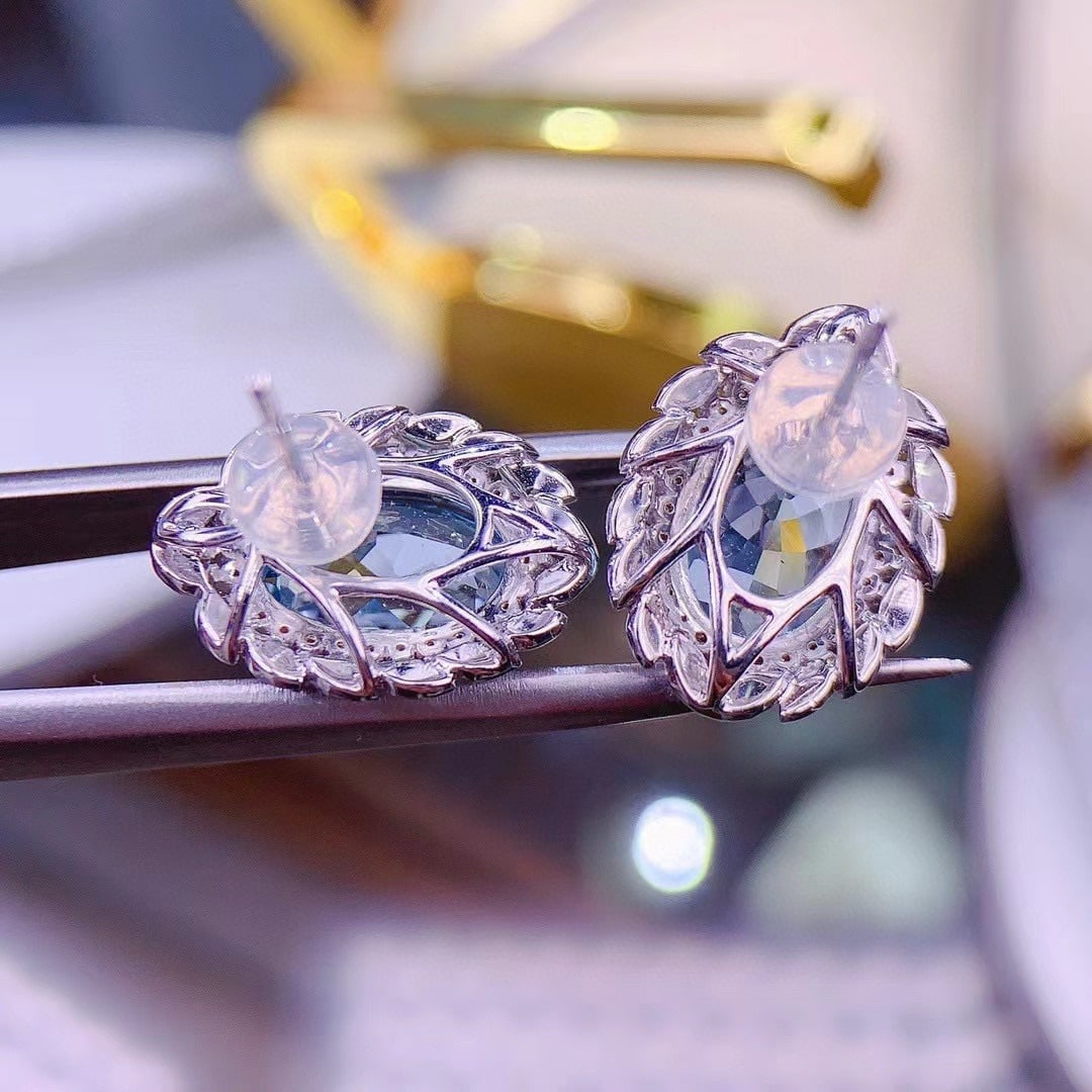 14k Gold 6.5 Ct Natural Aquamarine & Diamond Earrings - 3