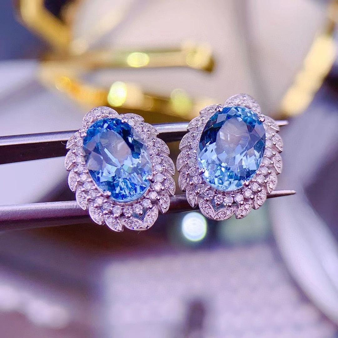 14k Gold 6.5 Ct Natural Aquamarine & Diamond Earrings - 7