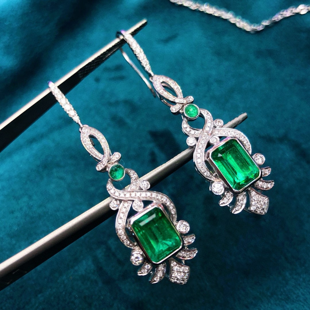 14k Gold 3.39 Ctw Vivid Green Natural Emerald & Diamond Earrings (1 of 9)