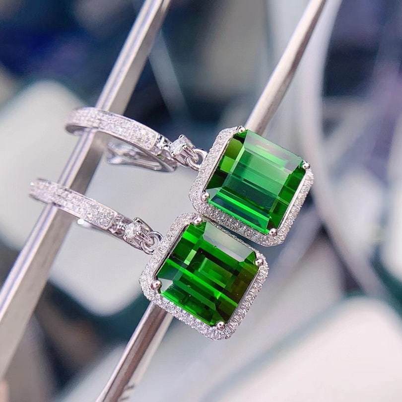 14k Gold 8.62 Ct Natural Tourmaline & Diamond Earrings - 2