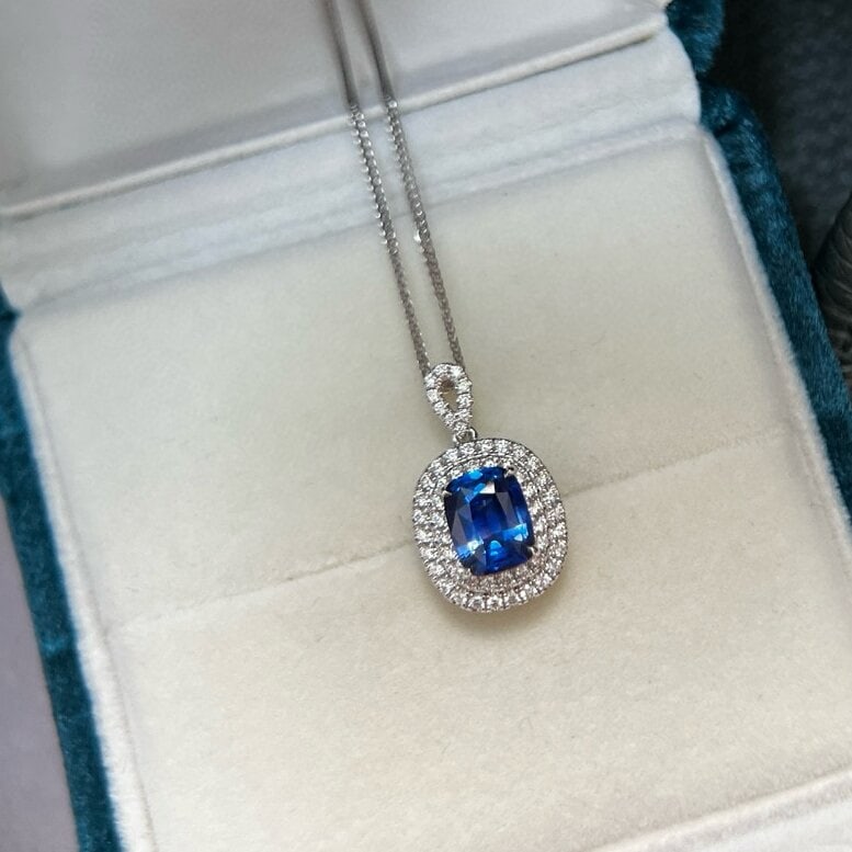 14k Gold 2.11 Ctw Natural Sapphire & Diamond Pendant( Without Chain ): Ref:230946319 // gold content:14k gold // main gemstone:sapphire // shape:cushion // carat weight:1. 75ct // color:blue // treatment:natural // // adjacent gemstone 2 : diamond // shape:round // carat