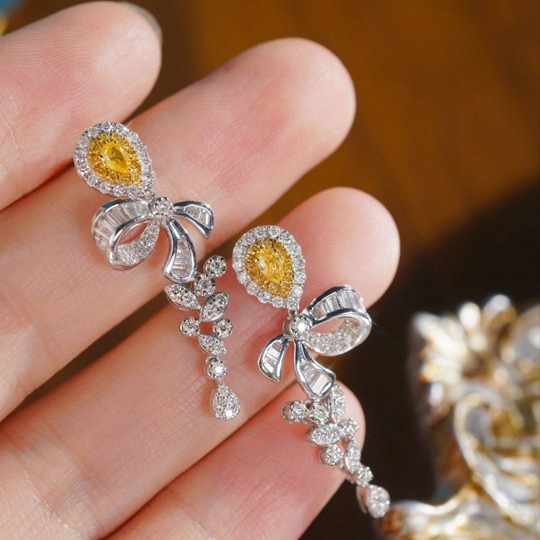 14k Gold 1.20 Ctw Natural Yellow Diamond & Diamond Earrings - 2