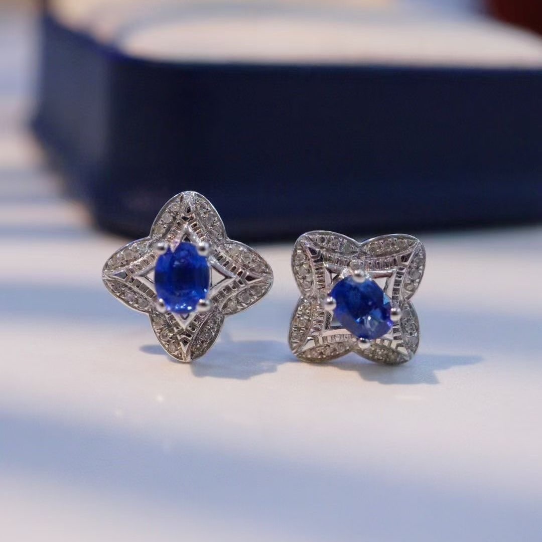 14k Gold 1.14 Ctw Natural Sapphire & Diamond Earrings - 4