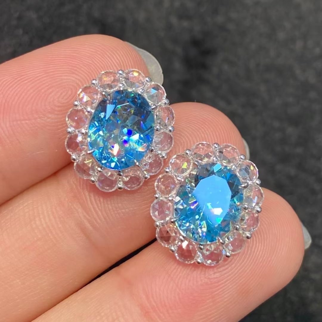 14k Gold 7.02 Ctw Natural Aquamarine & Sapphire Earrings - 2
