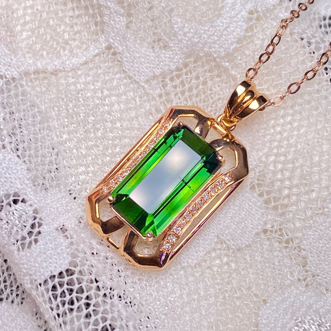 14k Gold 3.75 Ct Natural Tourmaline & Diamond Pendant( Without Chain ) - 6