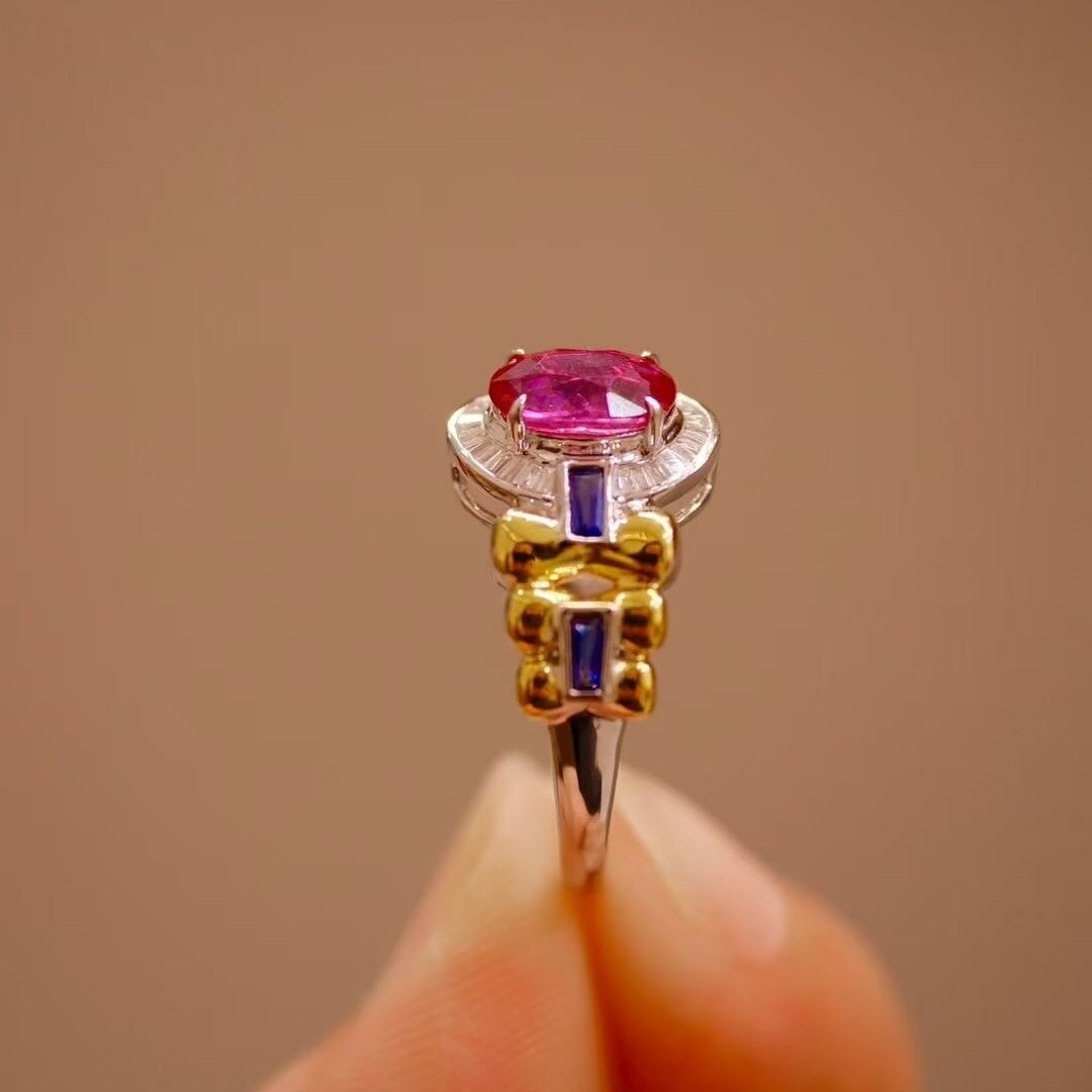 14k Gold 1.3 Ct Natural Ruby & Diamond & Sapphire Ring - 2
