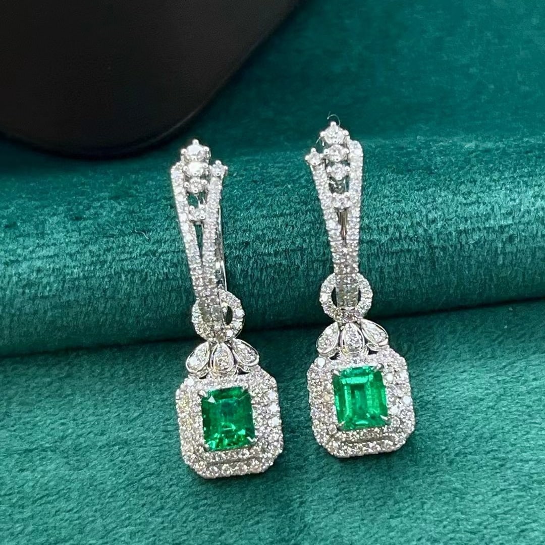 14k Gold 1.69 Ctw Vivid Green Natural Emerald & Diamond Earrings (1 of 6)