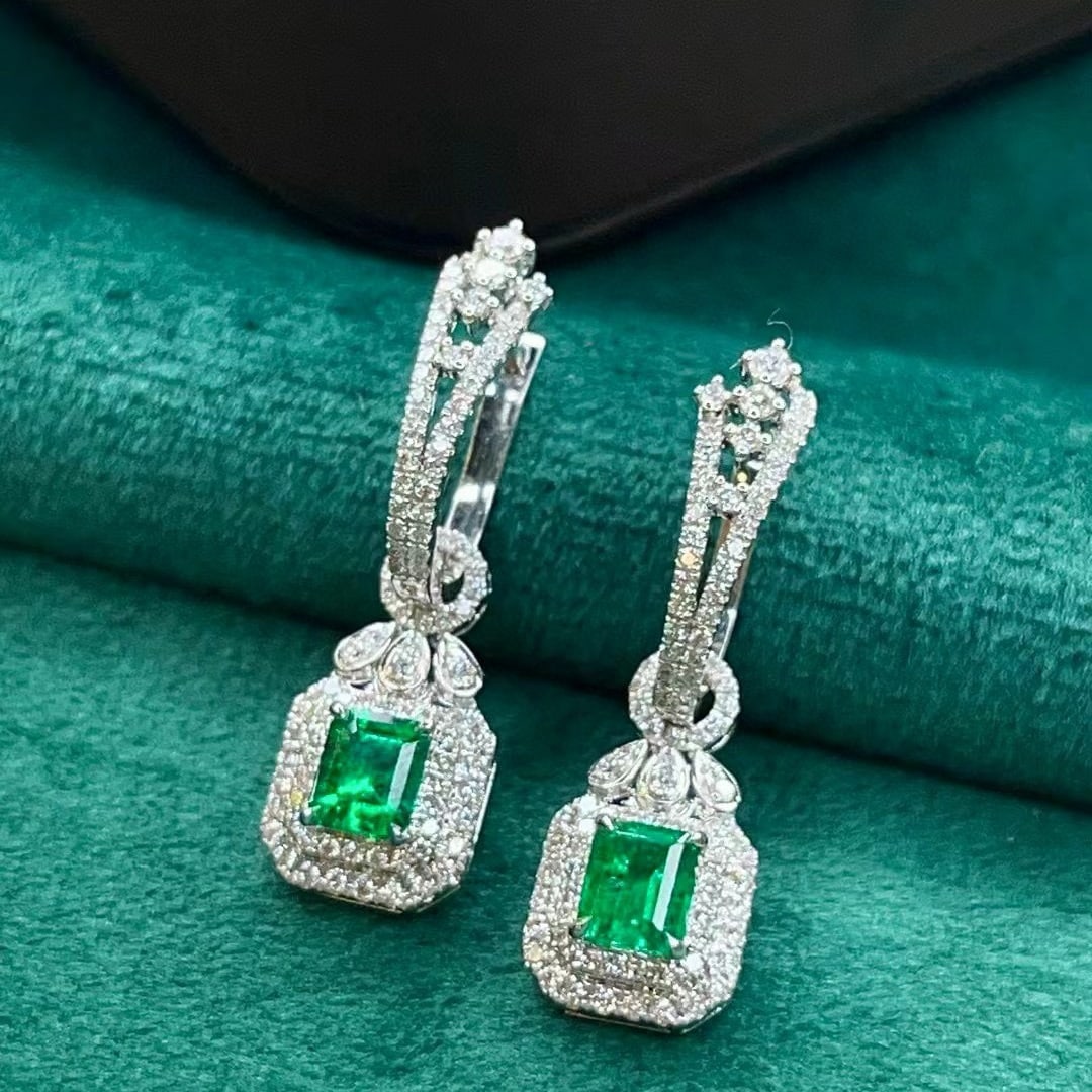 14k Gold 1.69 Ctw Vivid Green Natural Emerald & Diamond Earrings - 4
