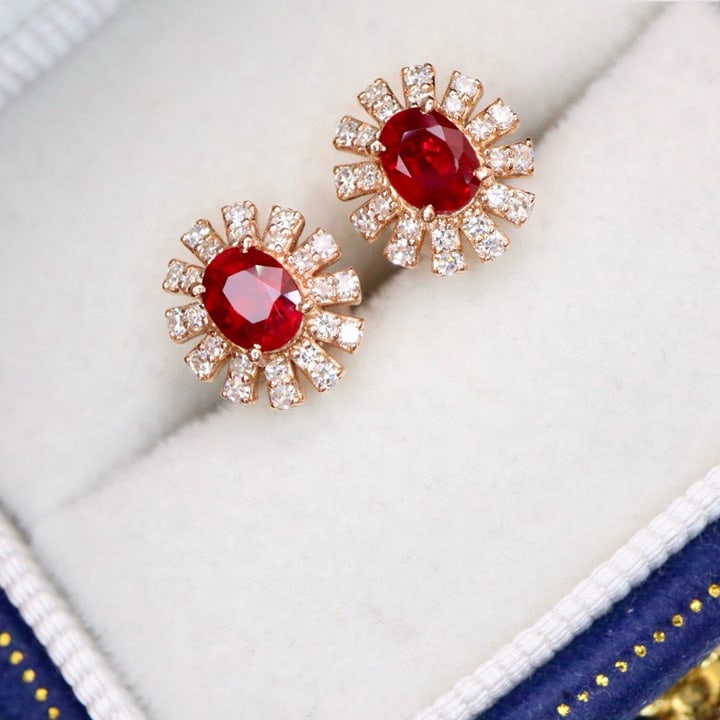 14k Gold 0.85 Ctw Vivid Red Natural Ruby & Diamond Earrings - 2