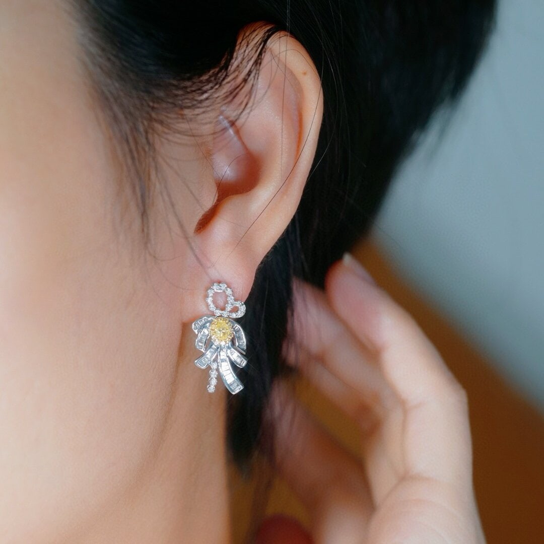 14k Gold 0.90 Ctw Natural Yellow Diamond & Diamond Earrings - 6