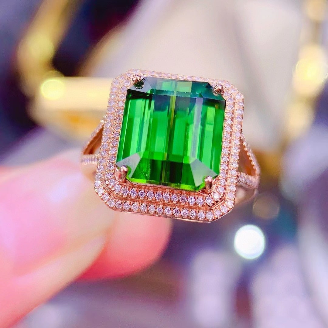 14k Gold 7.02 Ct Natural Tourmaline & Diamond Ring: Ref:230946430 // gold content:14k gold // ring size:7. 25us // // main gemstone:tourmaline // shape:octagonal // carat weight:7. 02ct // color:green // treatment:natural // // adjacent gemstone 2