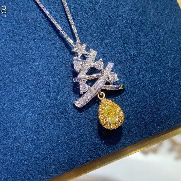 14k Gold 0.18 Ct Natural Yellow Diamond & Diamond Necklace - 2