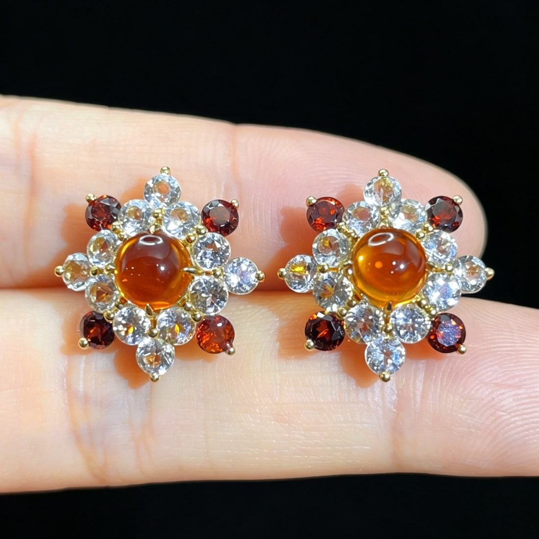 14k Gold 6.24 Ctw Natural Citrine & Sapphire Earrings: Ref:231173144 // gold content:14k gold // main gemstone:citrine // shape:round // carat weight:3. 60ct // color:yellow // treatment:natural // cut grade:g // // adjacent gemstone 2 : sapphire // shape