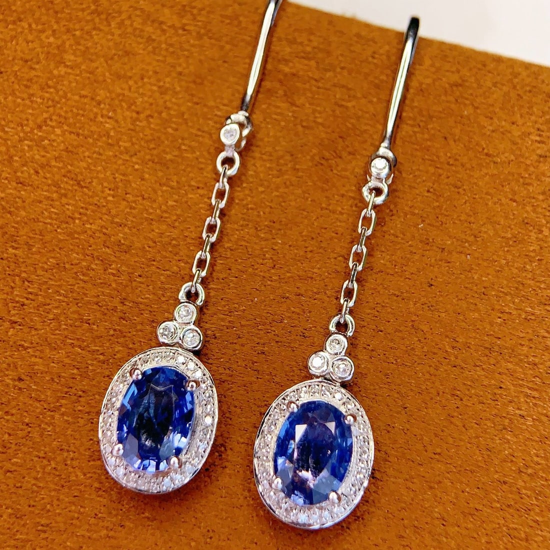 14k Gold 2.18 Ct Natural Sapphire & Diamond Earrings - 3