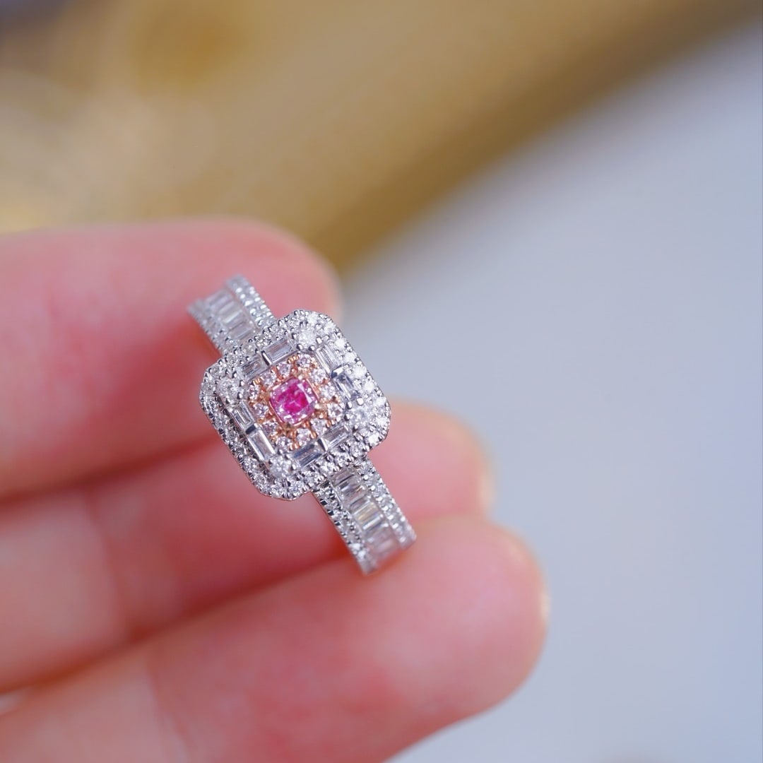 14k Gold 0.60 Ctw Natural Pink Diamond & Diamond Ring: Ref:231173204 // gold content:14k gold // ring size:7. 25us // // main gemstone:pink diamond // shape:cushion // carat weight:0. 09ct // color:pink // treatment:natural // // adjacent gemstone 2 : dia