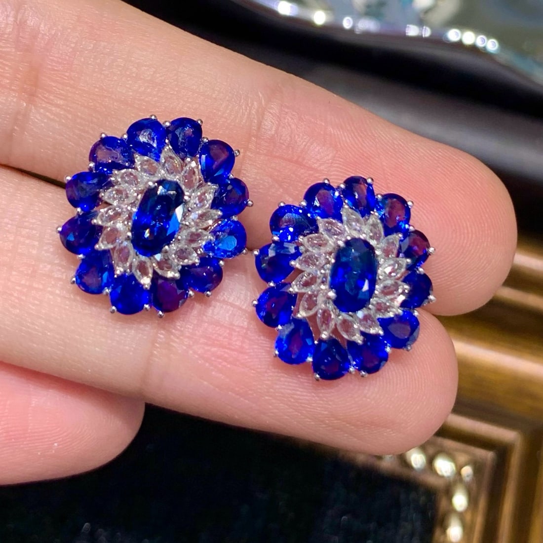 14k Gold 4.85 Ct Natural Sapphire & Sapphire Earrings - 5