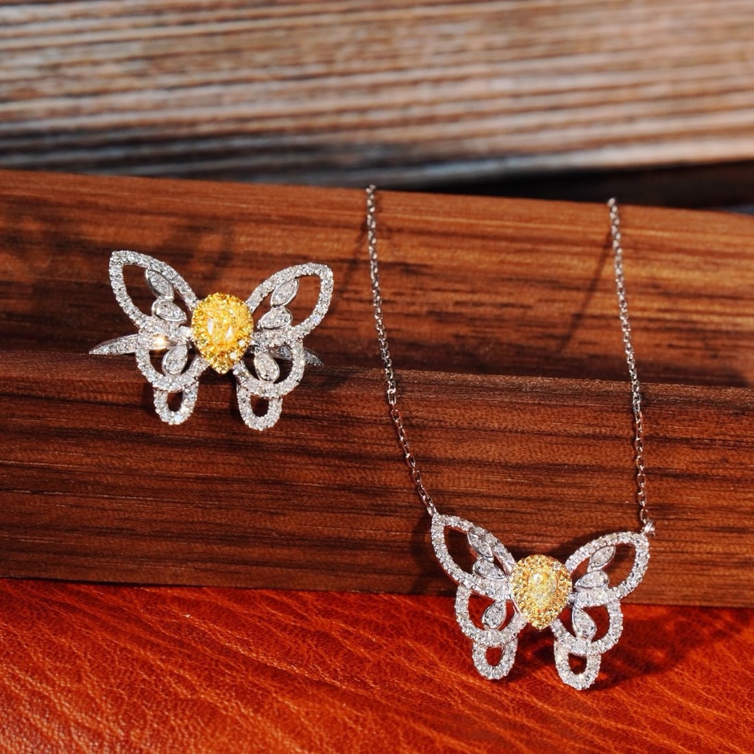 14k Gold 1.06 Ctw Natural Color Diamond & Butterfly Jewelry Set: Ref:231174106 // gold content:14k gold // ring size:7. 25us // // necklace // main gemstone:diamond // shape:multiple // carat weight:0. 5ct // clarity grade:vs-si // color:color // treatment:natural