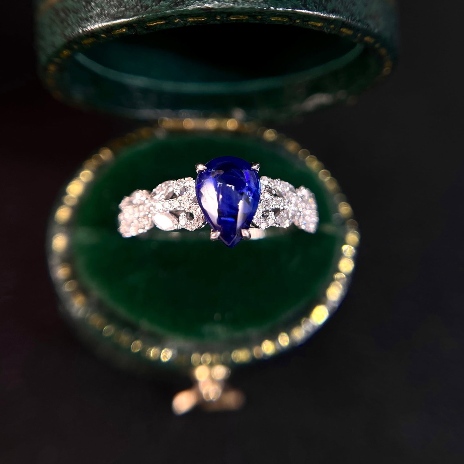 14k Gold 1.55 Ctw Natural Sapphire & Diamond Ring: Ref:231174119 // gold content:14k gold // ring size:7. 25us // // main gemstone:sapphire // shape:pear // carat weight:1. 15ct // color:royal blue // treatment:natural // // adjacent gemstone 2 : diam