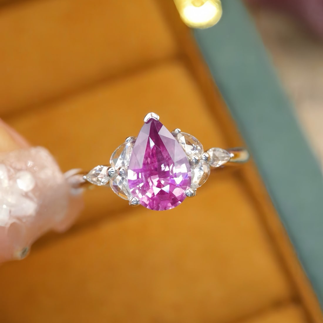 14k Gold 1.22 Ctw Natural Sapphire & Diamond Ring: Ref:231174125 // gold content:14k gold // ring size:7. 25us // // main gemstone:sapphire // shape:pear // carat weight:1. 06ct // color:pinkish purple // treatment:natural // // adjacent gemstone 2 :